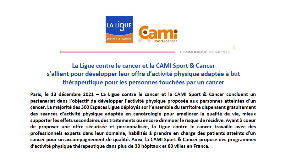 La Ligue contre le cancer et la CAMI Sport & Cancer s’allient pour développer leur offre d’activité physique adaptée à but thérapeutique pour les personnes touchées par un cancer