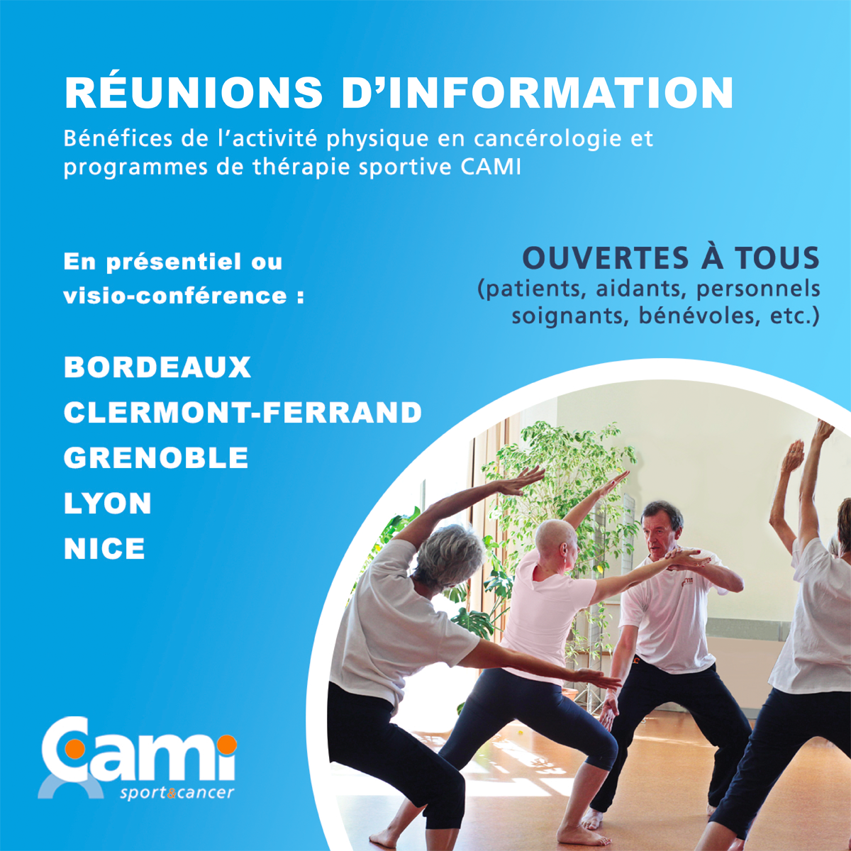 Réunions d'information : bénéfices de l'activité physique en cancérologie et programmes de thérapie sportive CAMI - septembre/novembre 2021