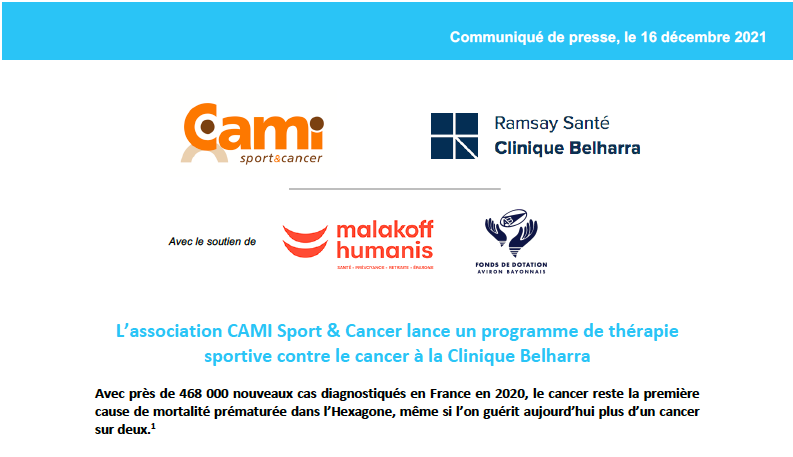 Communiqué de presse - L’association CAMI Sport & Cancer lance un programme de thérapie sportive contre le cancer à la Clinique Belharra