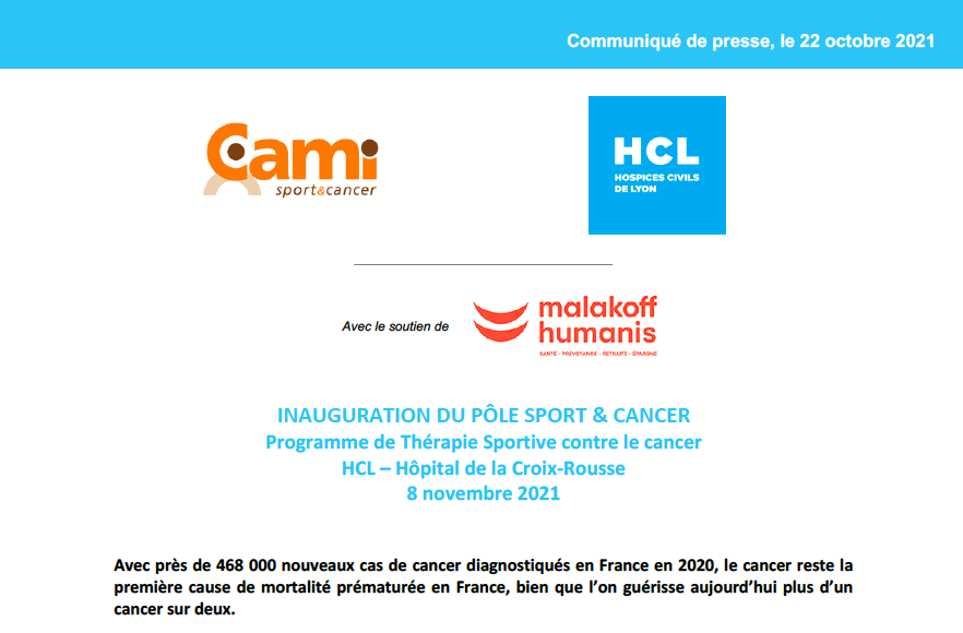 INAUGURATION PÔLE SPORT & CANCER  - Programme de Thérapie Sportive contre le cancer HCL – Hôpital de la Croix-Rousse - 8 novembre 2021