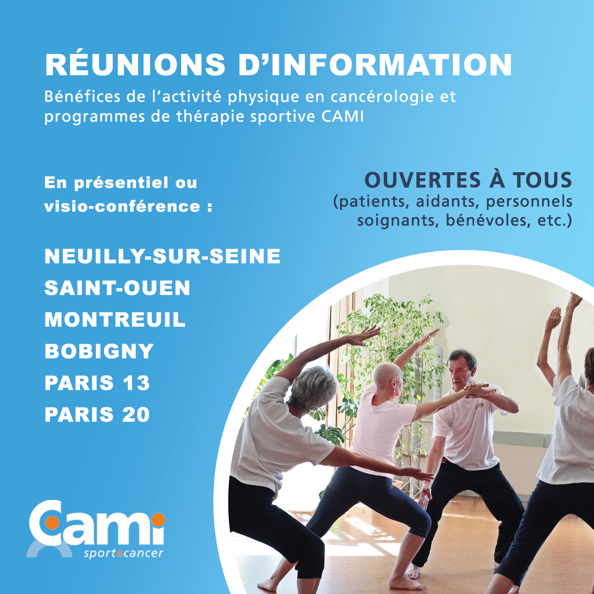 Réunions d'information : bénéfices de l'activité physique en cancérologie et programmes de thérapie sportive CAMI - Île-de-France -Octobre 2021