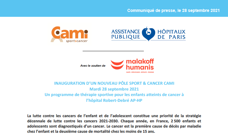 INAUGURATION D’UN NOUVEAU PÔLE SPORT & CANCER CAMI  -  Un programme de thérapie sportive pour les enfants atteints de cancer à  l’hôpital Robert‐Debré AP‐HP
